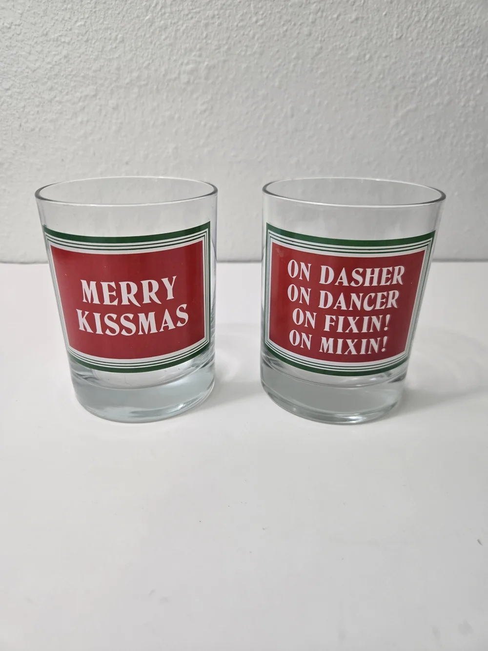 Holiday Glass Tumblers with Red & Green Plaque Design - Set of 2